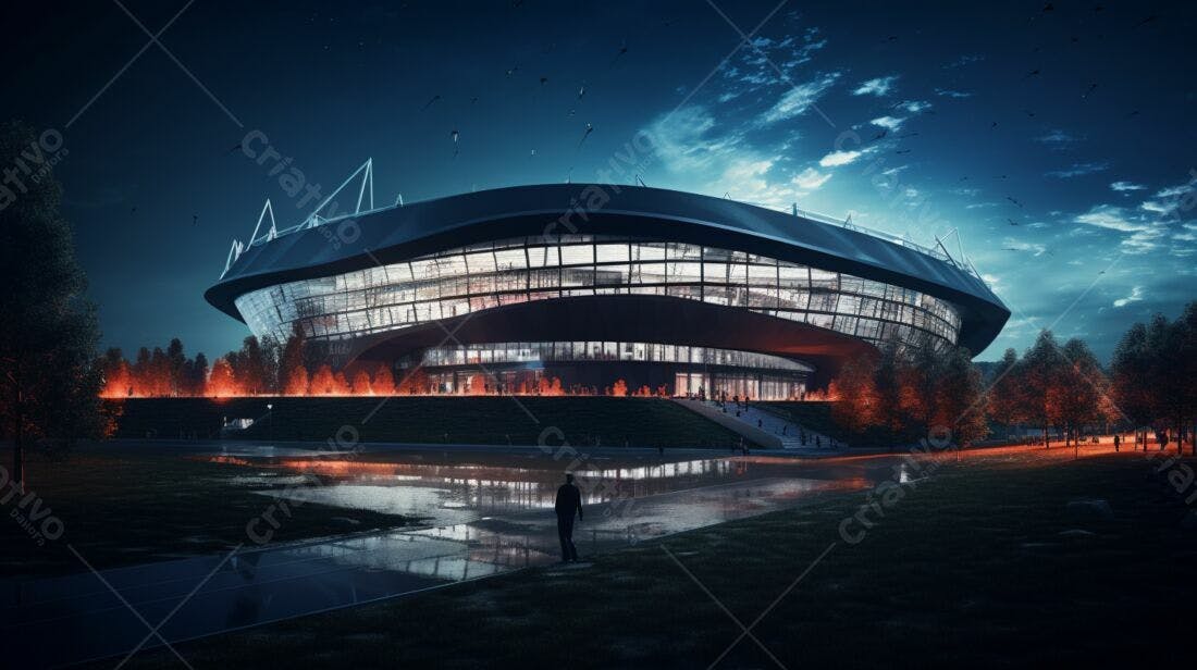 Estádio moderno à noite com iluminação laranja