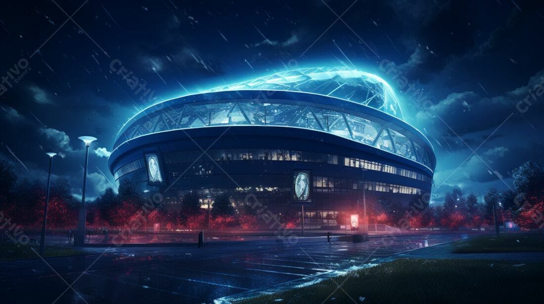 Estádio futurista chuva noturna