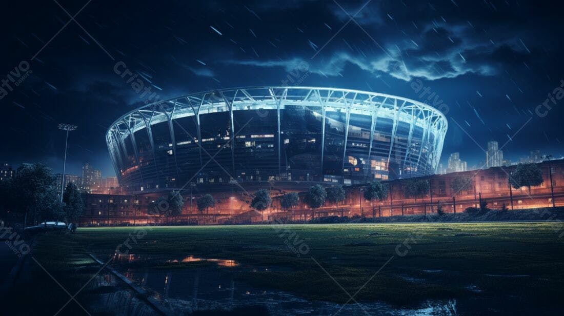 Estádio moderno sob chuva noturna
