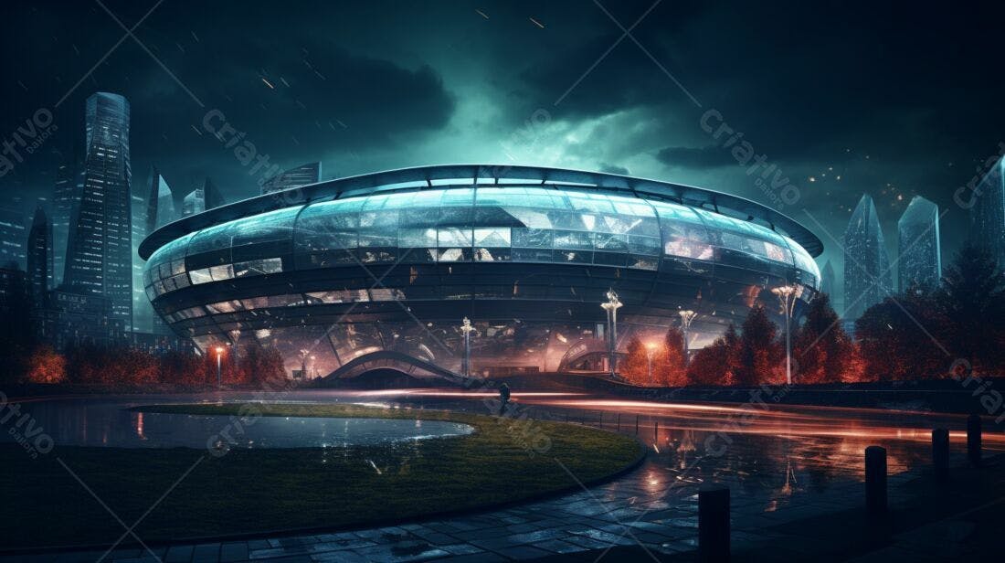 Arena futurista noturna em cidade moderna