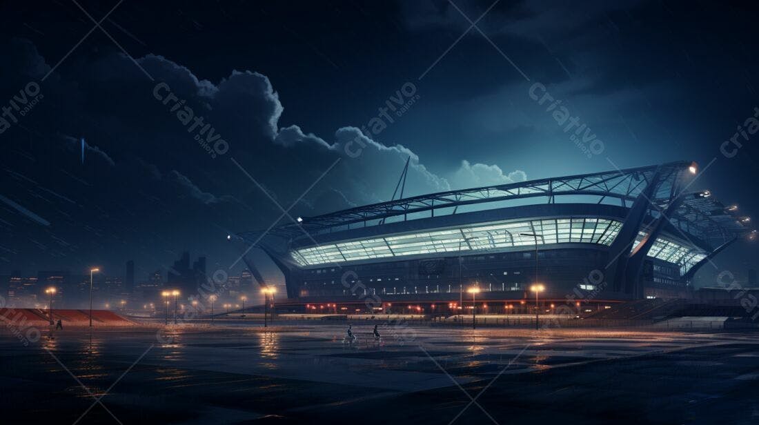 Estádio moderno à noite com pessoas de bicicleta