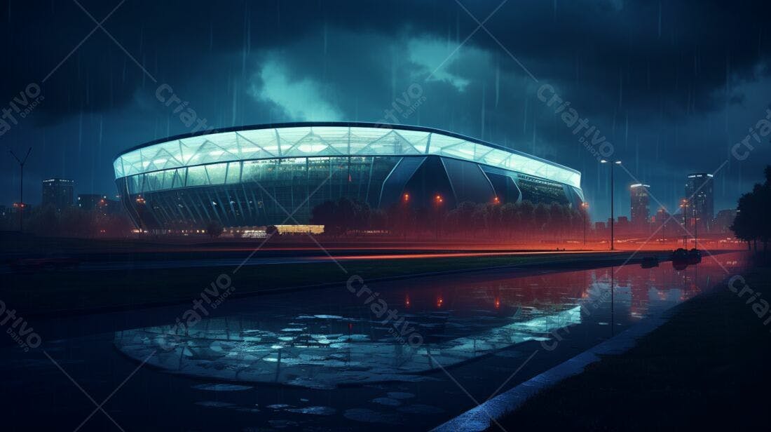 Estádio Moderno em Noite Chuvosa