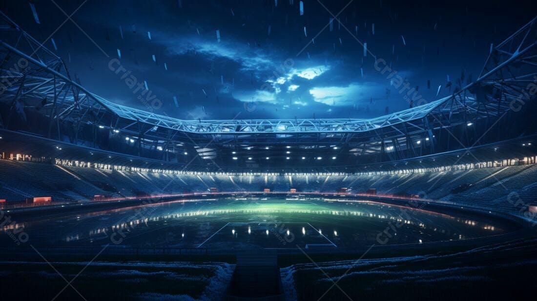 Estádio de futebol sob chuva noturna