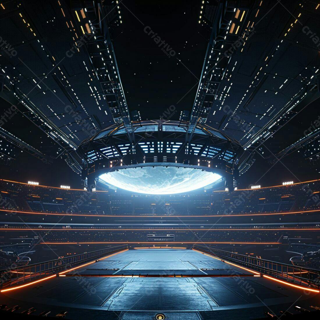 Arena espacial futurista com domo planetário