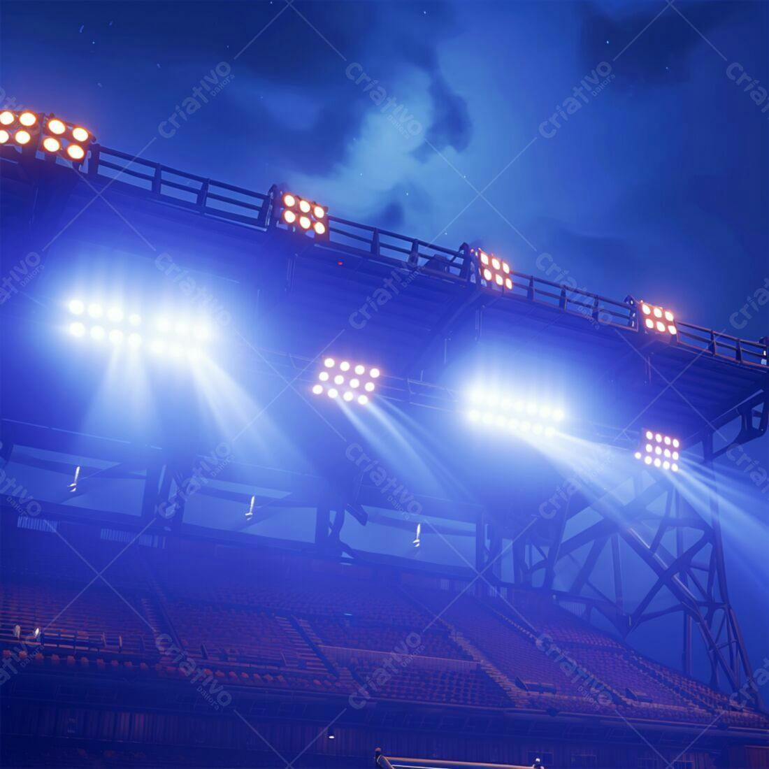 Holofotes de estádio noturno iluminando arquibancadas