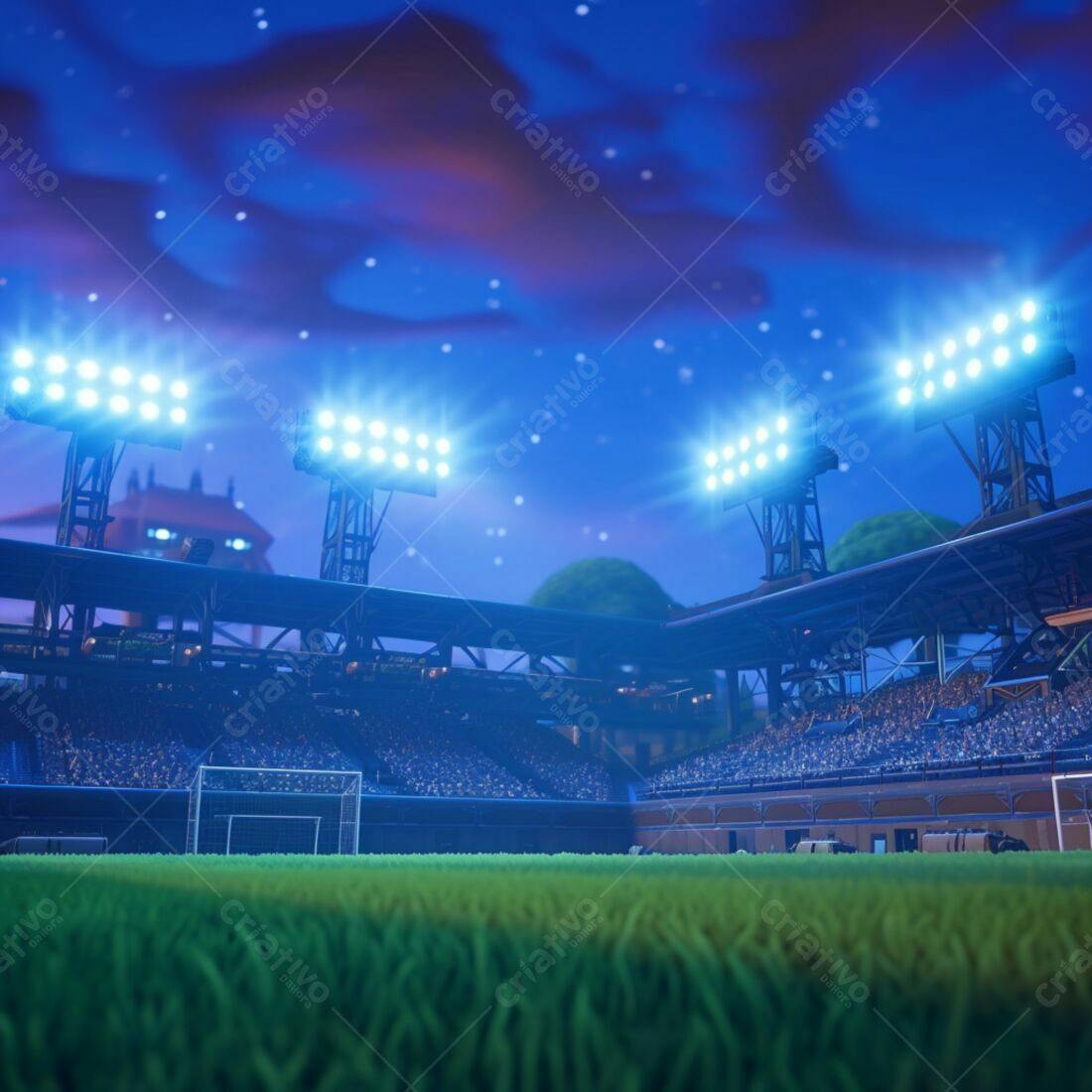 Estádio de futebol noturno iluminado