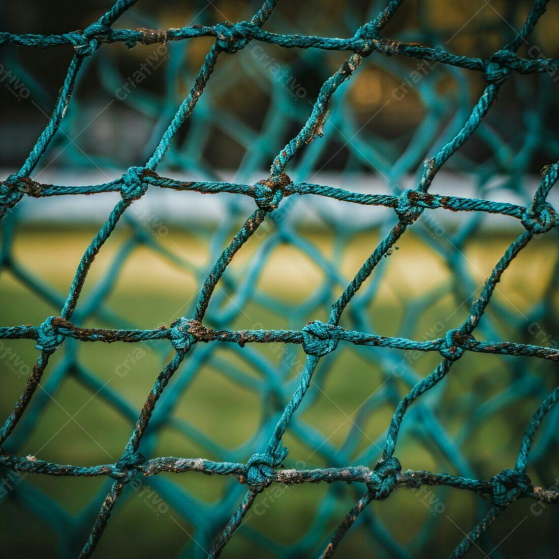 Rede de futebol desgastada com fundo gramado
