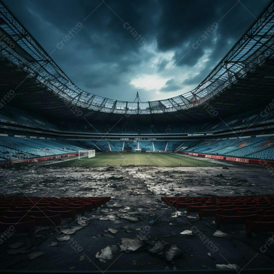 Estádio abandonado sob céu nublado