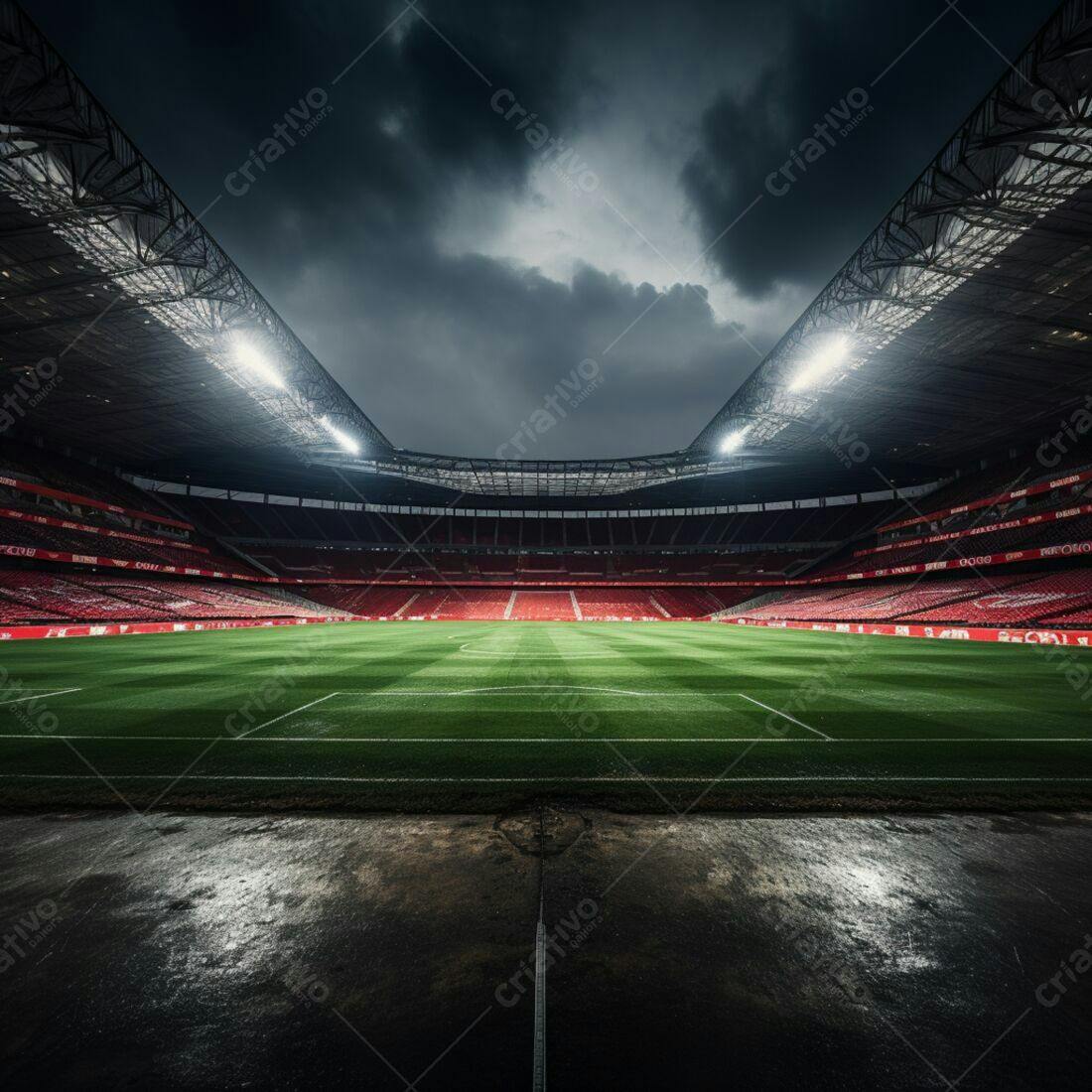 Estádio de futebol vazio sob céu nublado