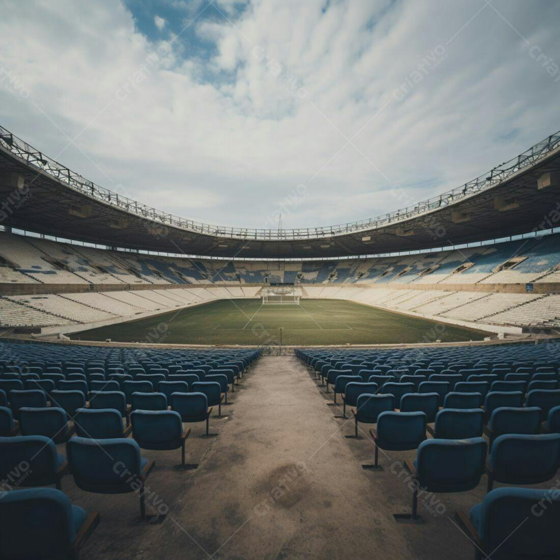 Estádio abandonado assentos azuis campo grama