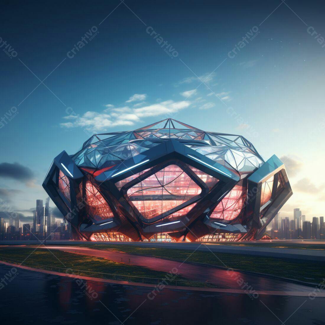 Estádio futurista de vidro e metal ao amanhecer