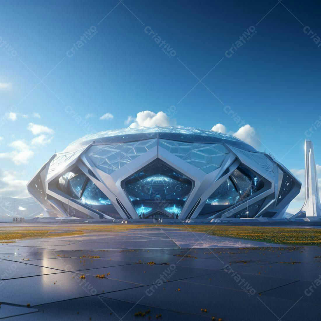 Estádio futurista em paisagem desértica