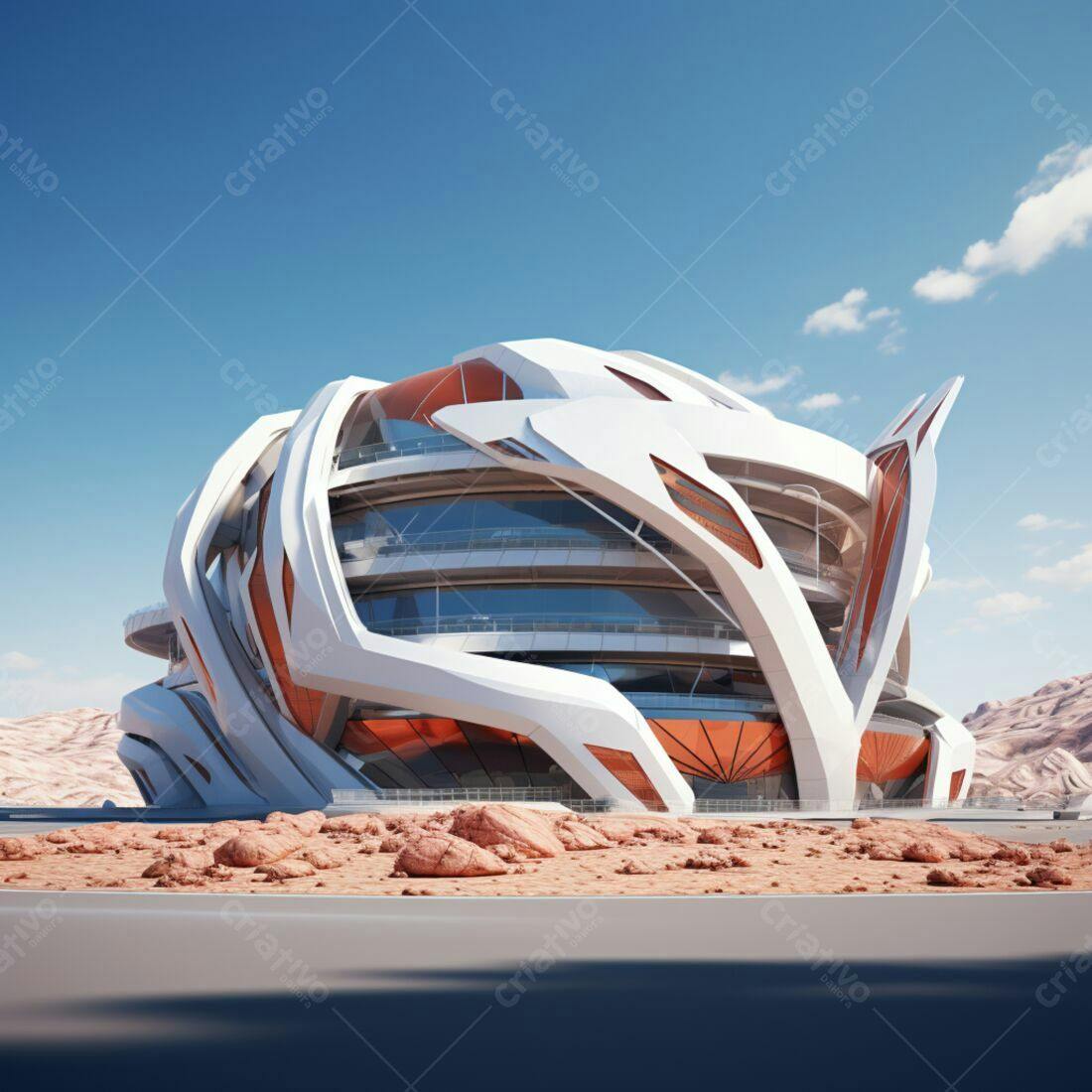 Edifício futurista branco e laranja em deserto