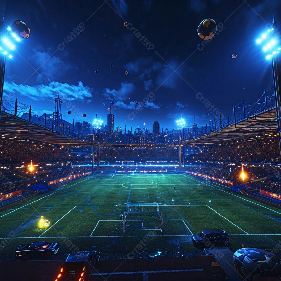 Estádio futurista noturno com jogo de futebol