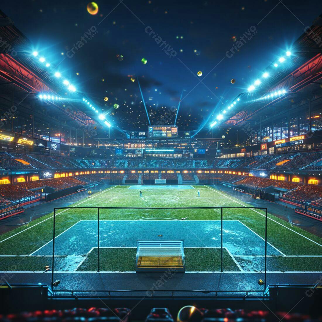 Estádio de futebol noturno com chuva