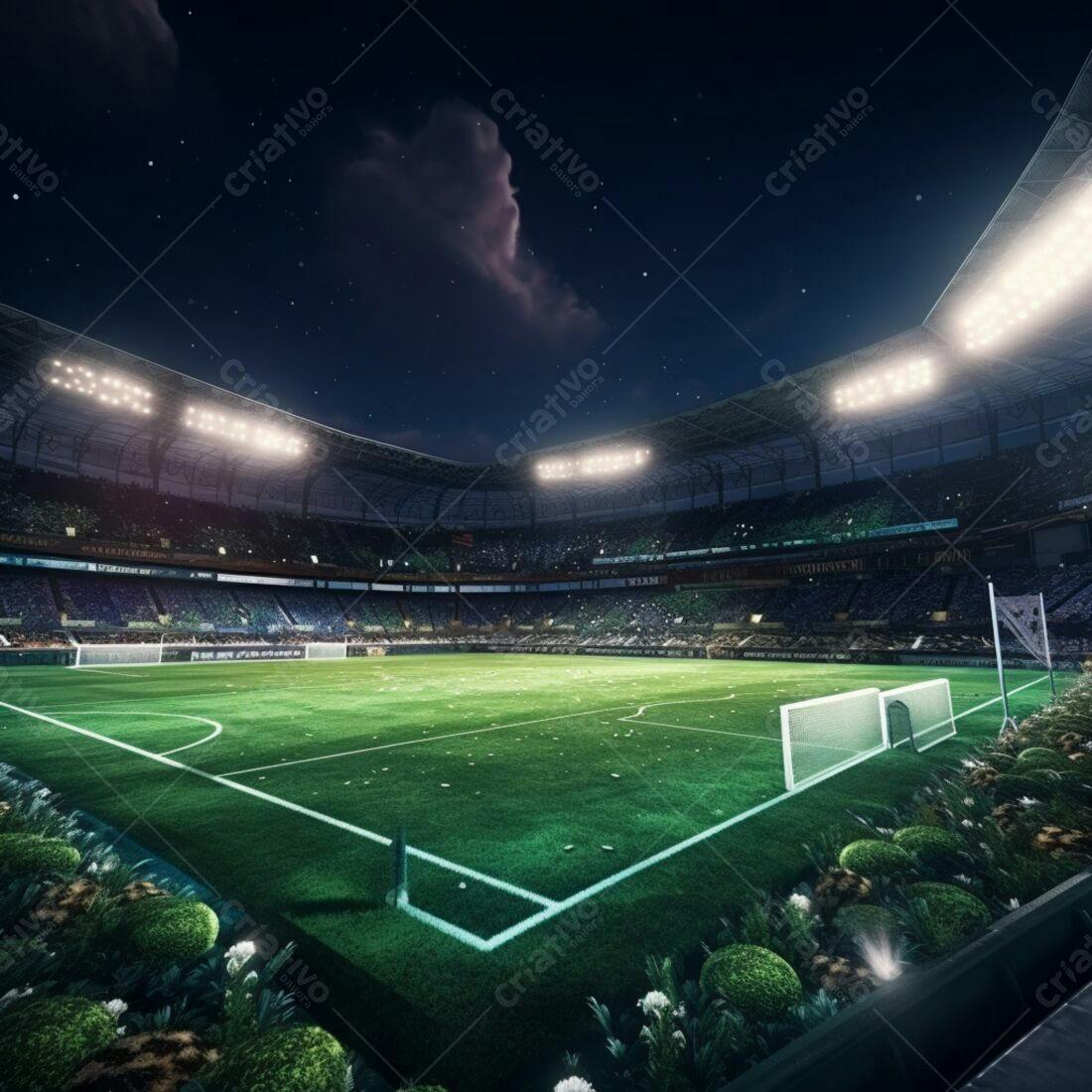 Estádio de futebol noturno iluminado