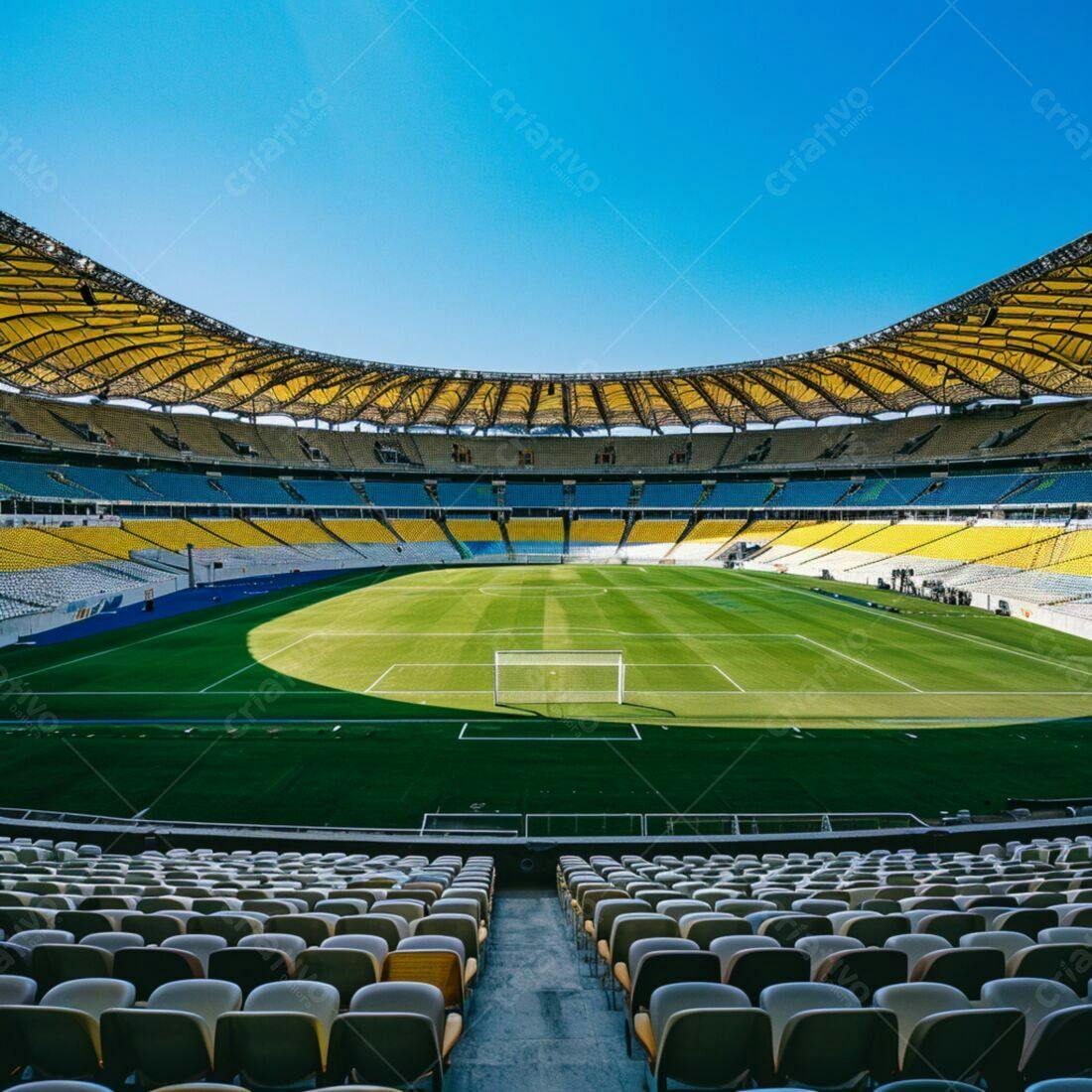 Estádio de futebol vazio sob céu azul