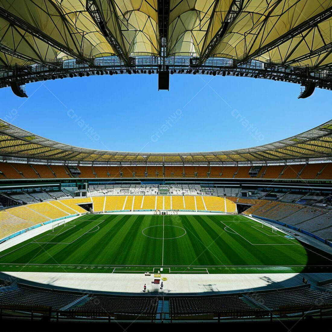 Estádio de futebol vazio sob céu azul