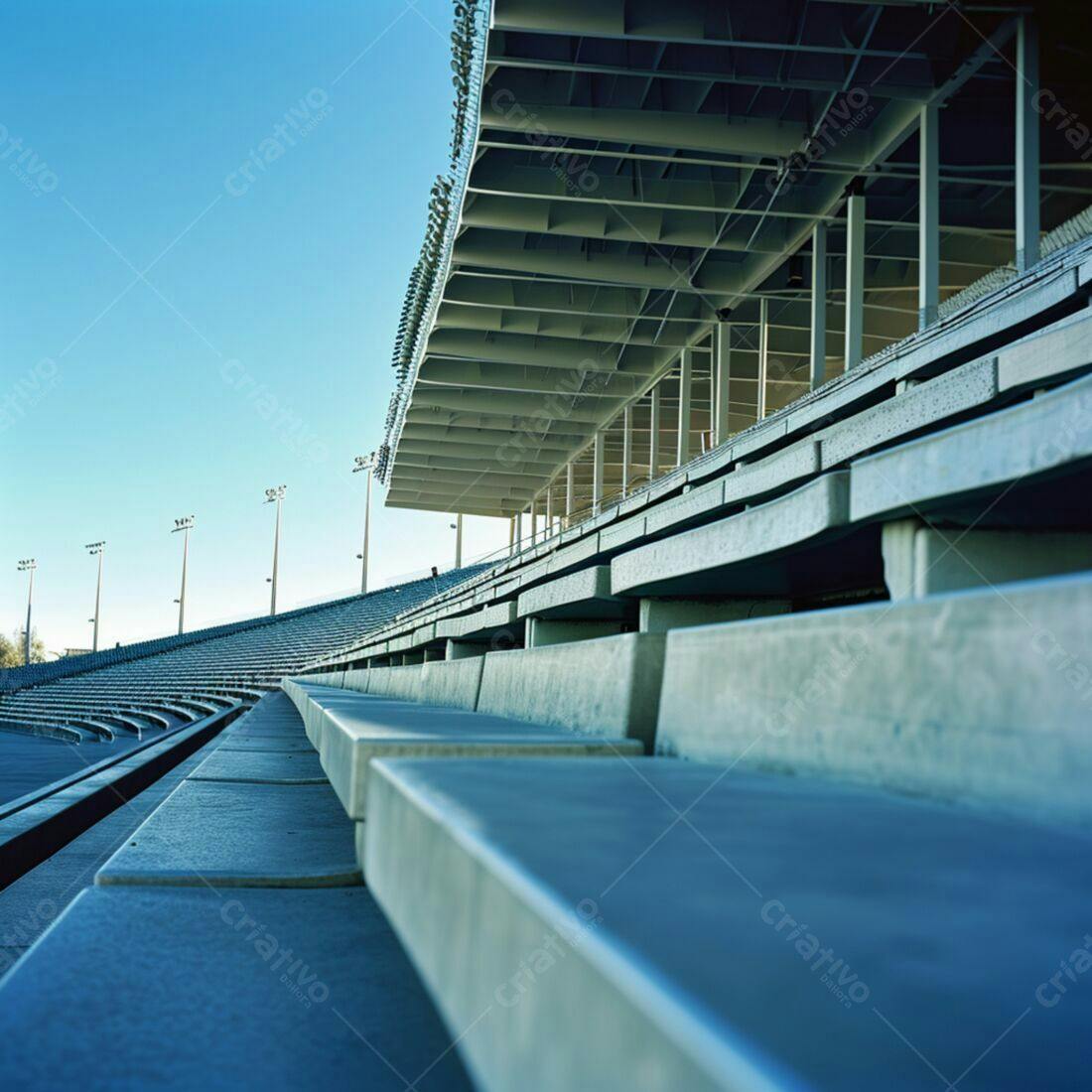 Arquibancadas vazias de estádio sob céu azul