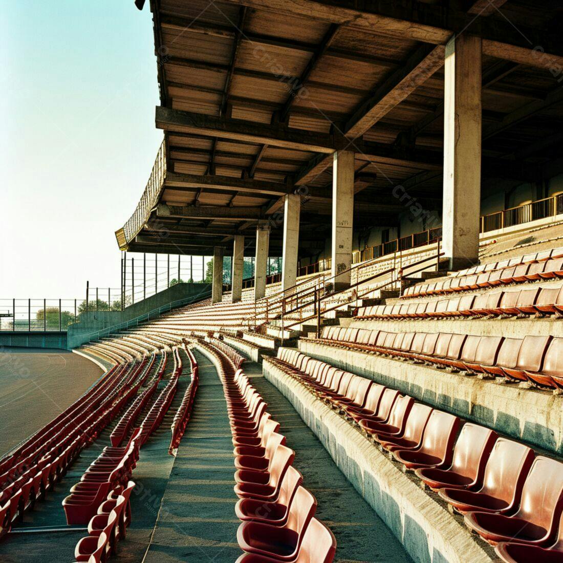 Arquibancadas vazias de estádio antigo ao amanhecer
