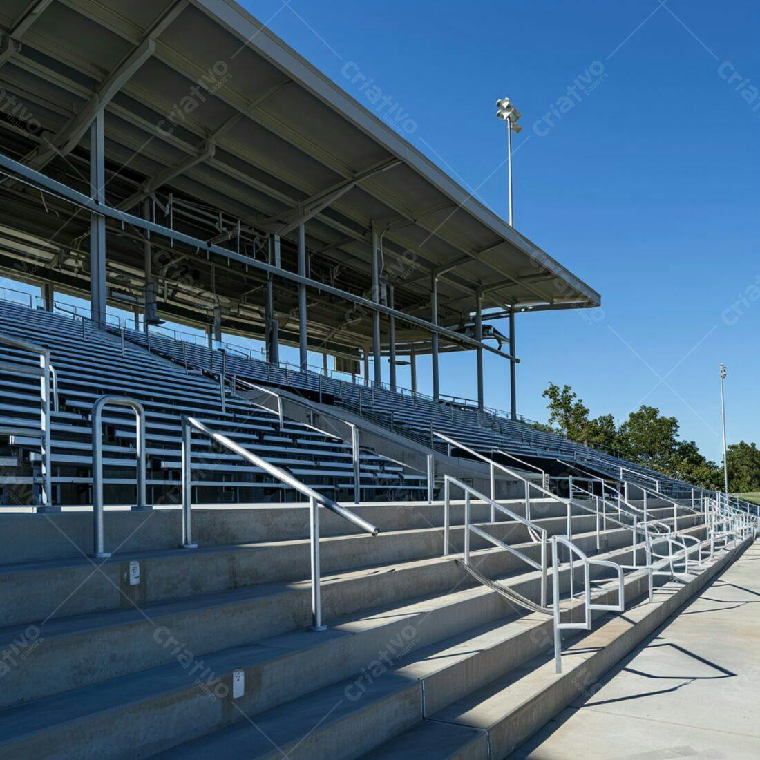 Arquibancadas de estádio vazias sob sol forte