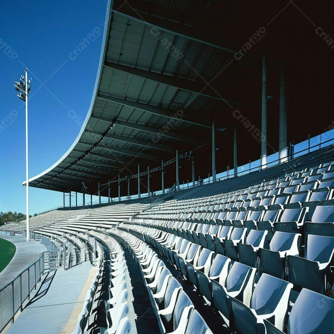 Arquibancada vazia de estádio sob céu azul