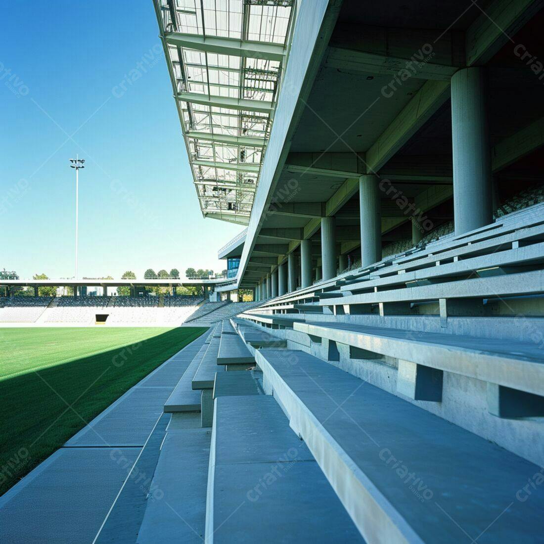 Arquibancada vazia de estádio sob céu azul