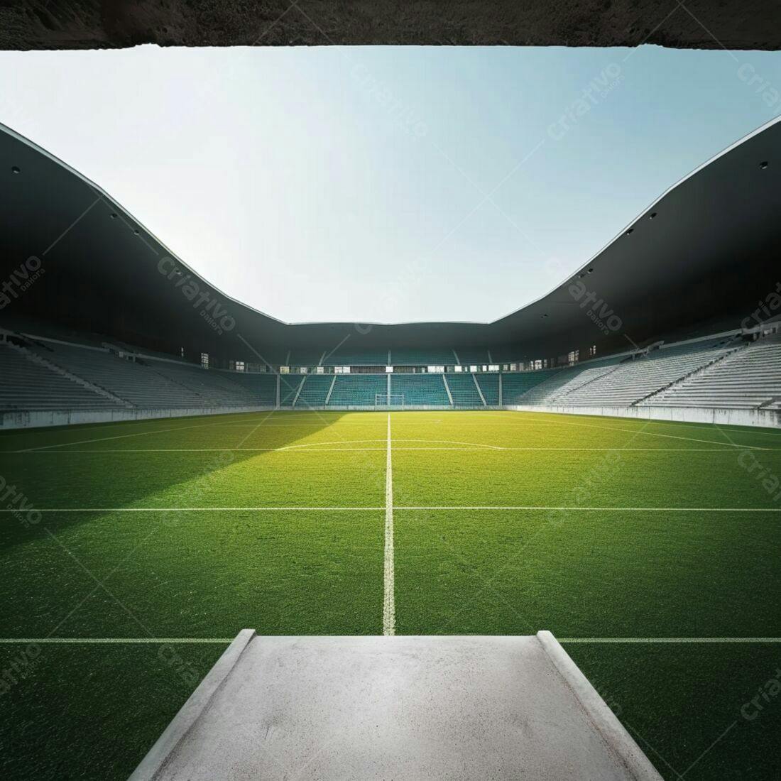 Estádio de futebol vazio sob sol brilhante