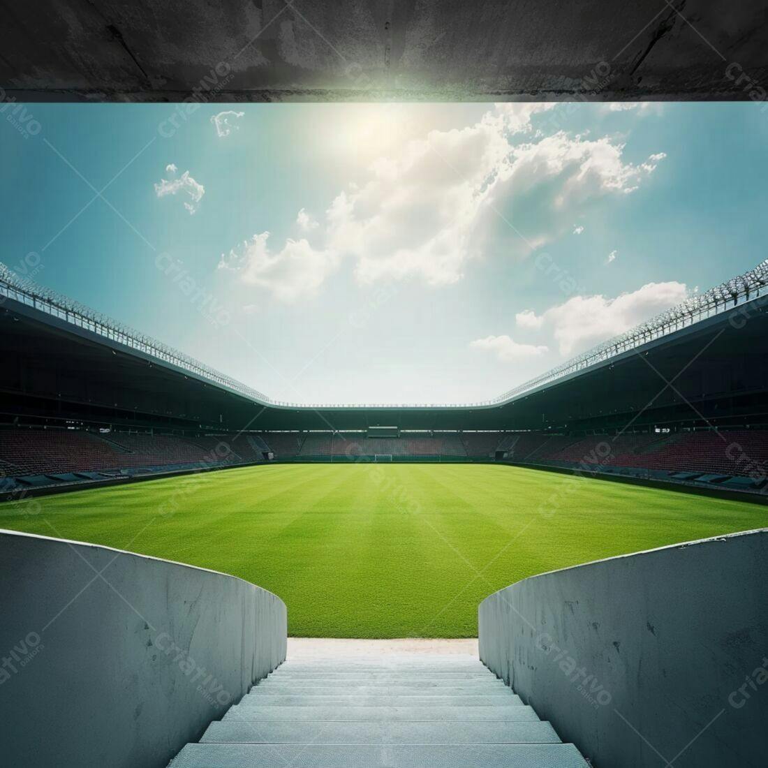 Estádio de futebol vazio sob céu azul