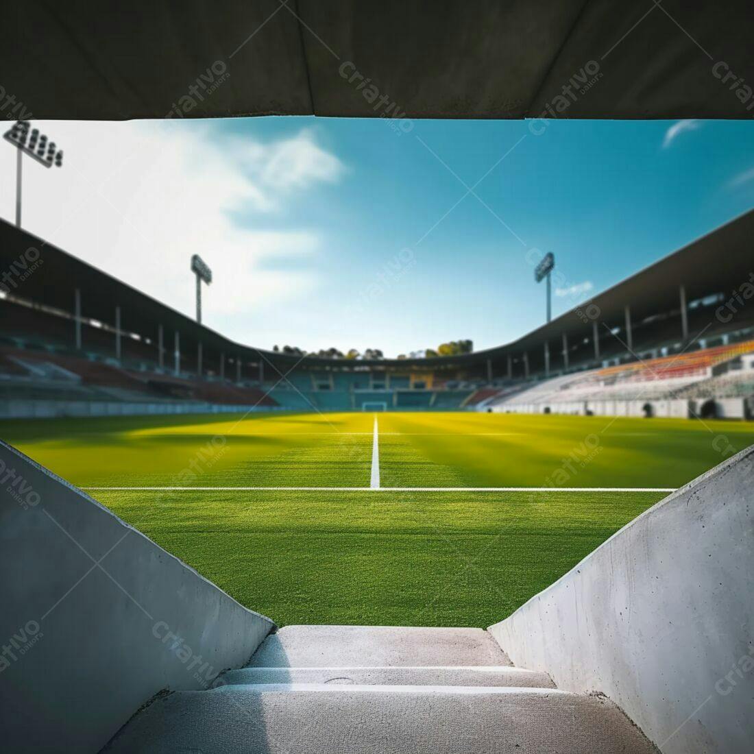 Campo de futebol vazio sob céu azul