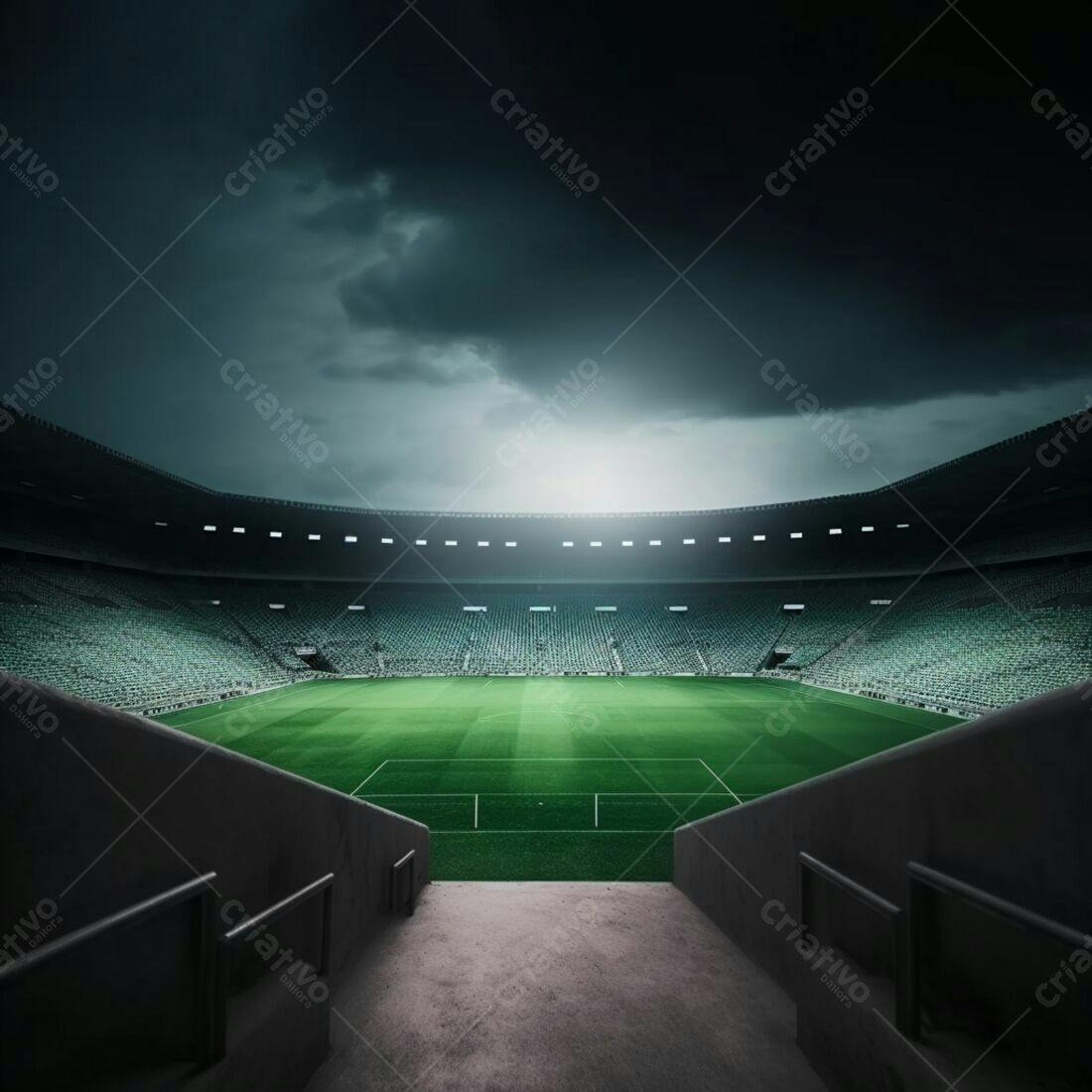 Estádio de futebol vazio sob um céu tempestuoso