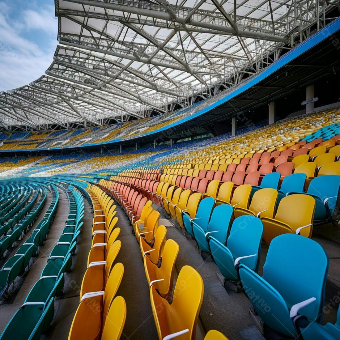 Assentos de estádio coloridos em fileiras