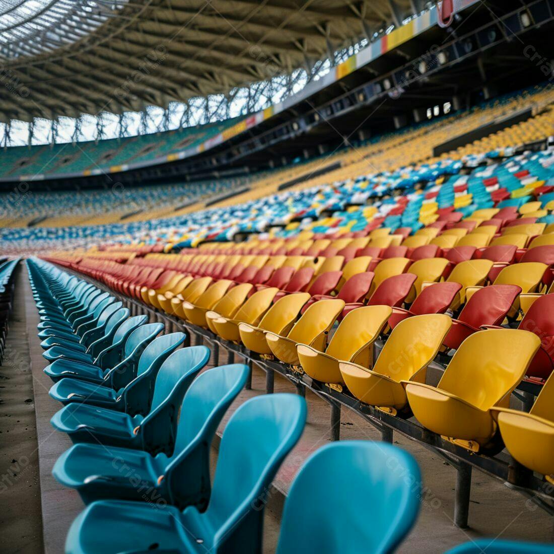 Cadeiras coloridas em estádio vazio