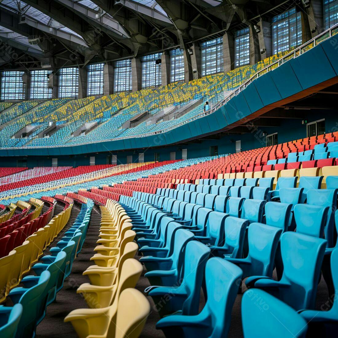 Cadeiras coloridas em estádio vazio