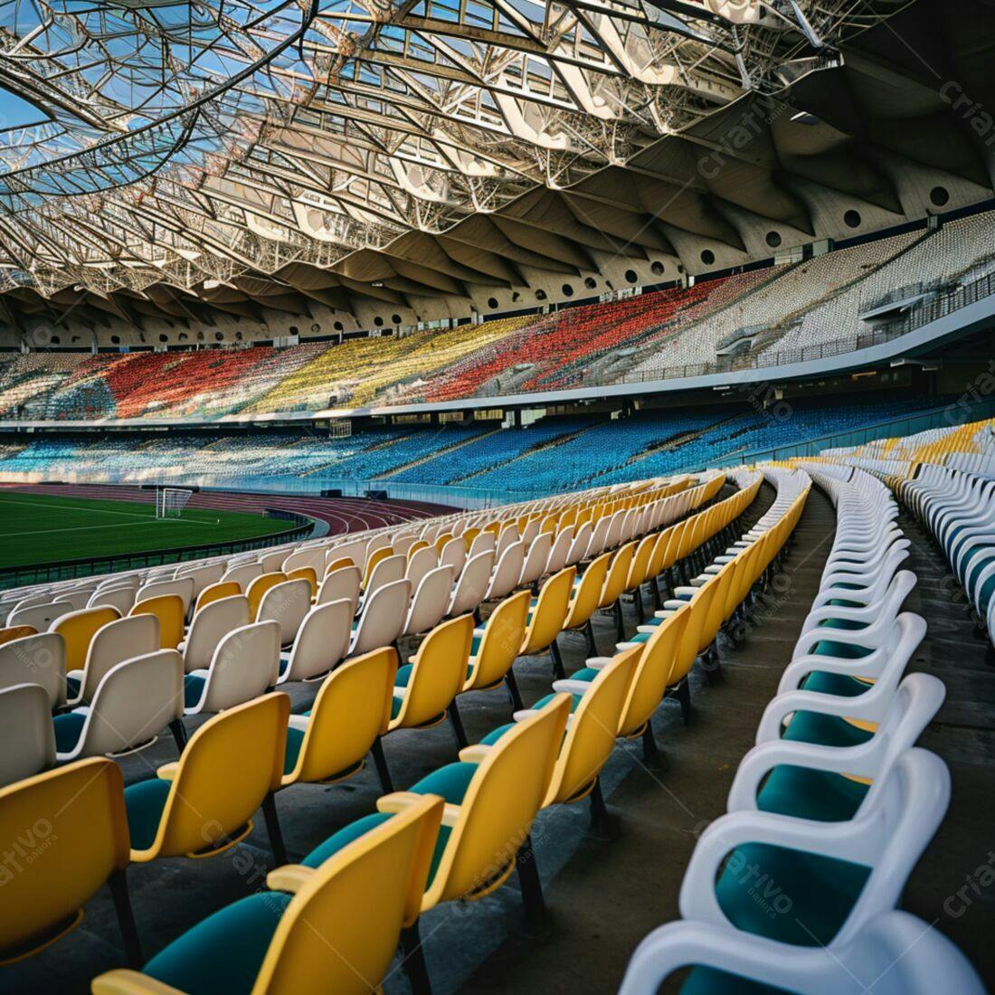 Cadeiras vazias em estádio colorido