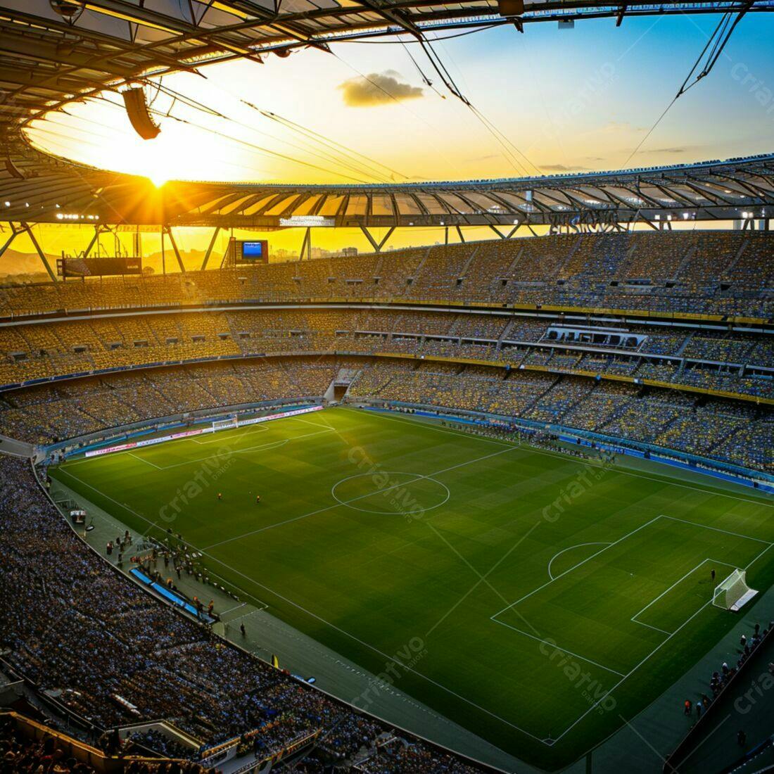 Estádio de futebol lotado ao pôr do sol