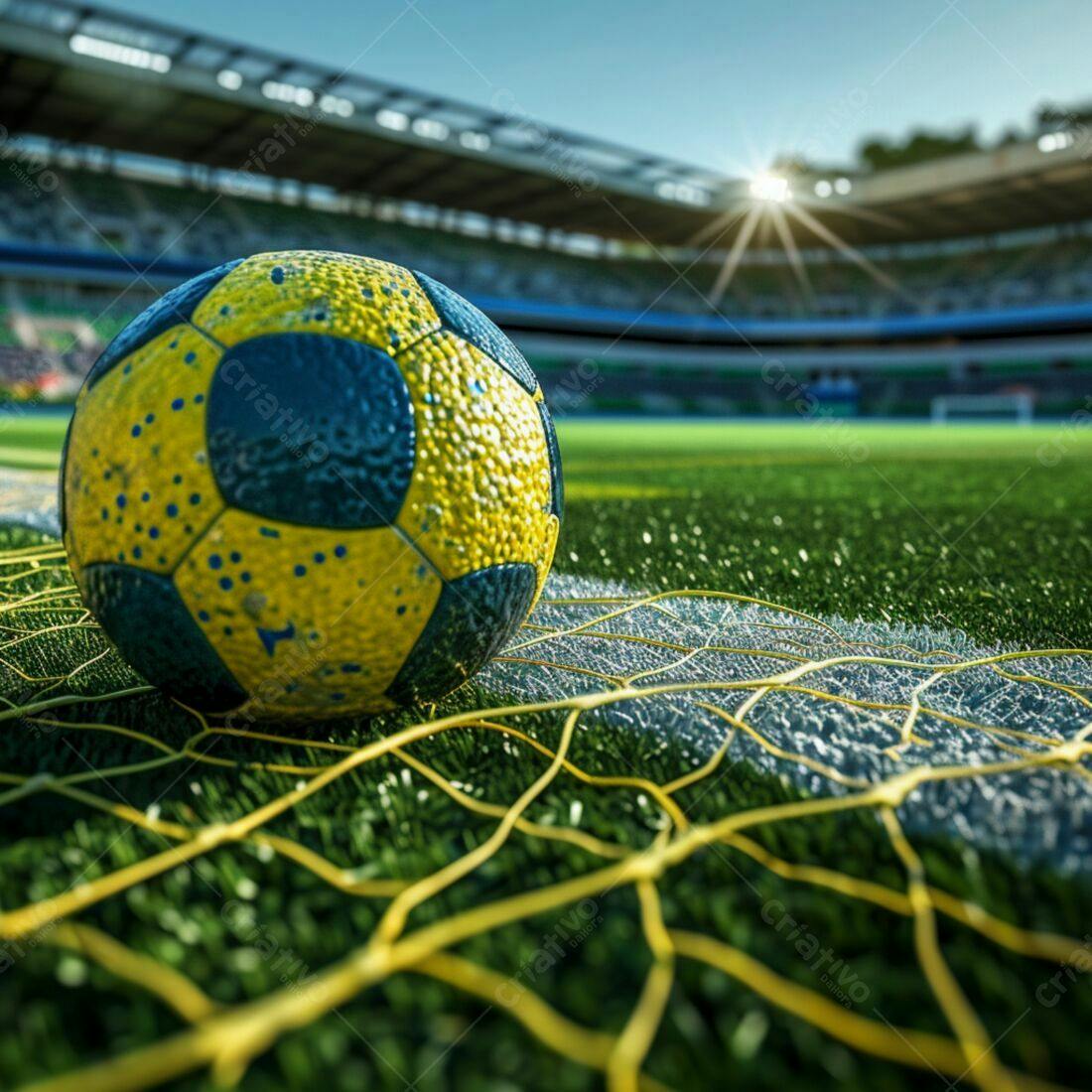 Bola de futebol amarela e azul na rede do gol
