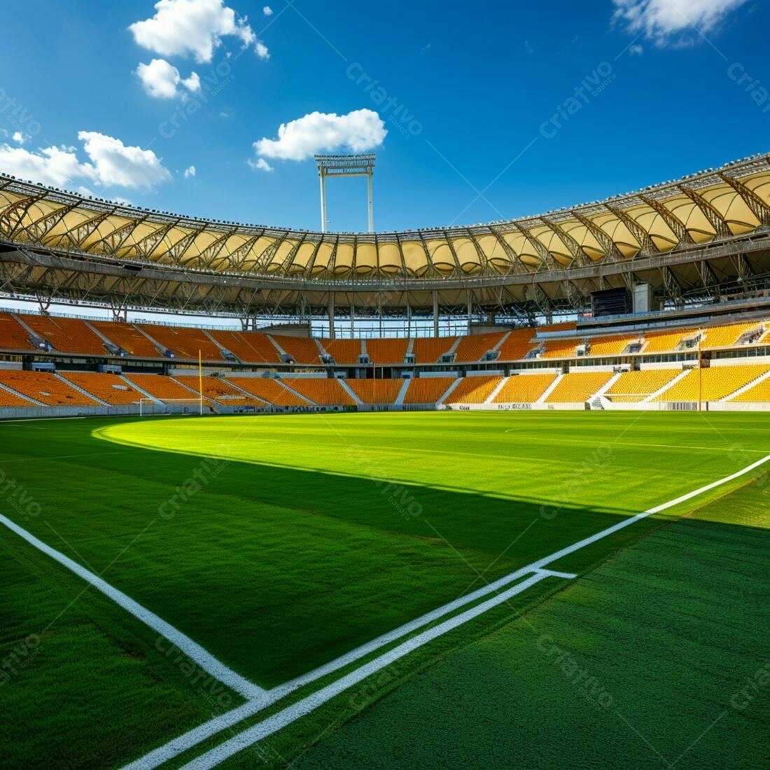 Estádio de futebol moderno sob céu azul