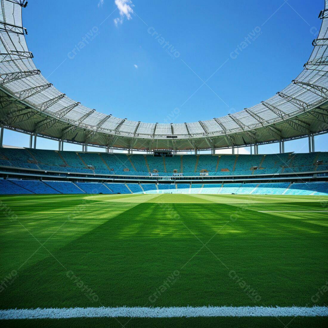 Estádio de futebol moderno sob céu azul