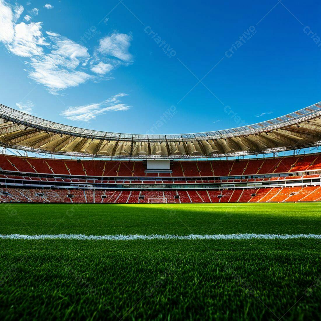 Estádio de futebol moderno sob céu azul
