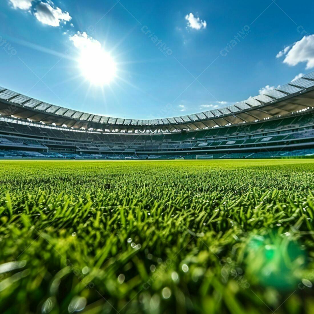 Campo de futebol sob sol brilhante em estádio moderno