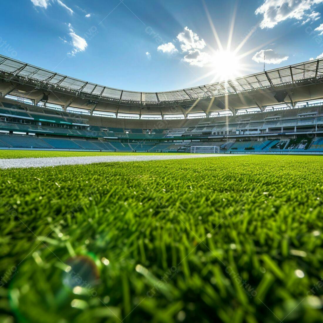 Campo de futebol sob sol brilhante em estádio moderno