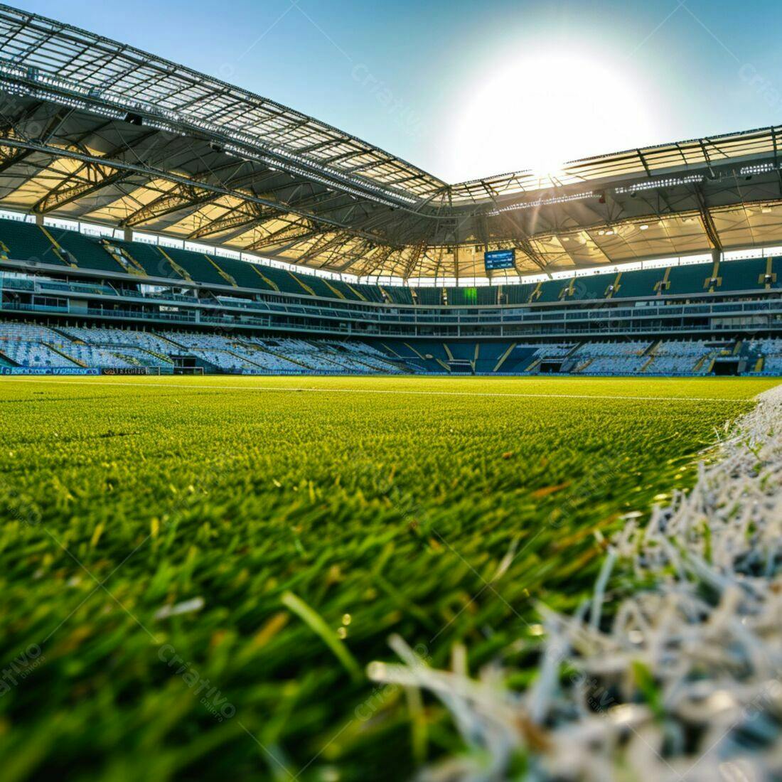 Estádio de futebol moderno sob sol brilhante
