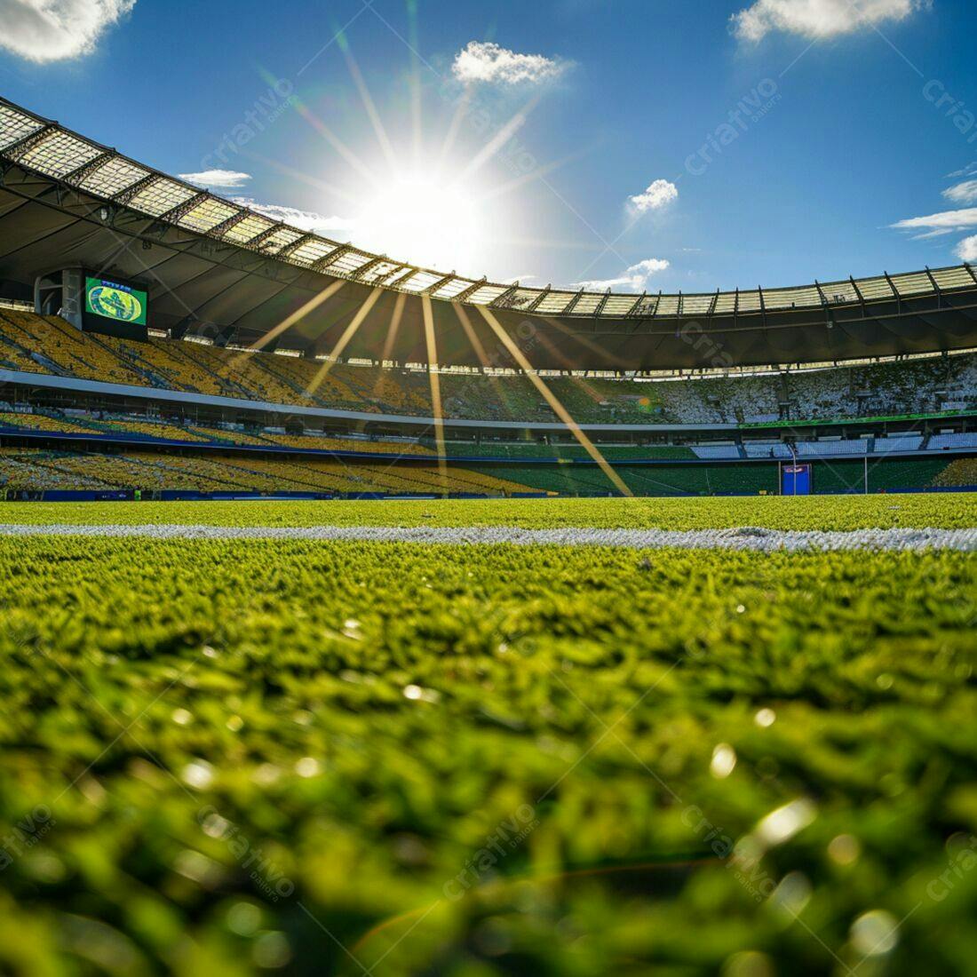Estádio de futebol sob sol brilhante