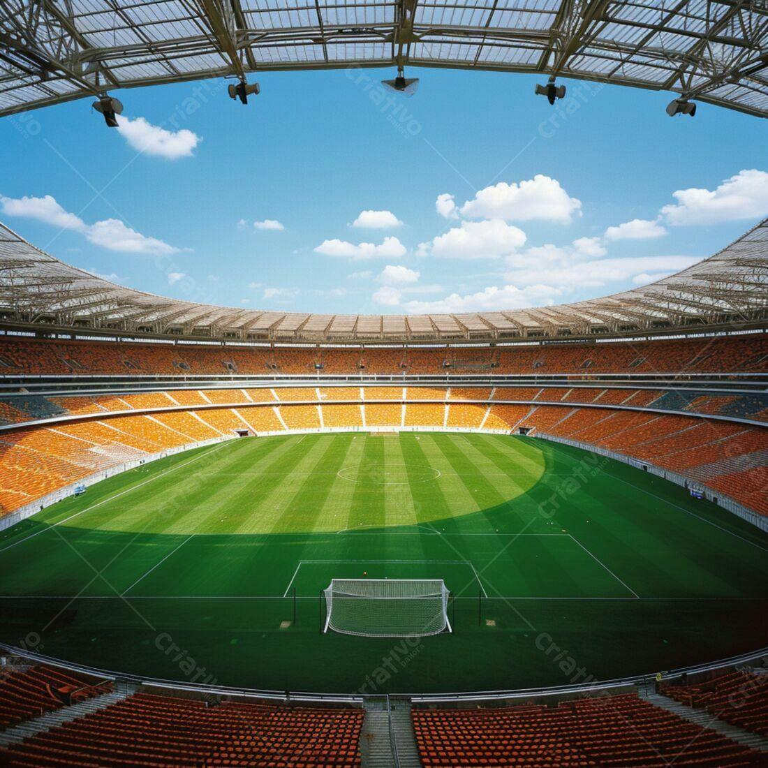 Estádio de futebol moderno com arquibancadas laranja