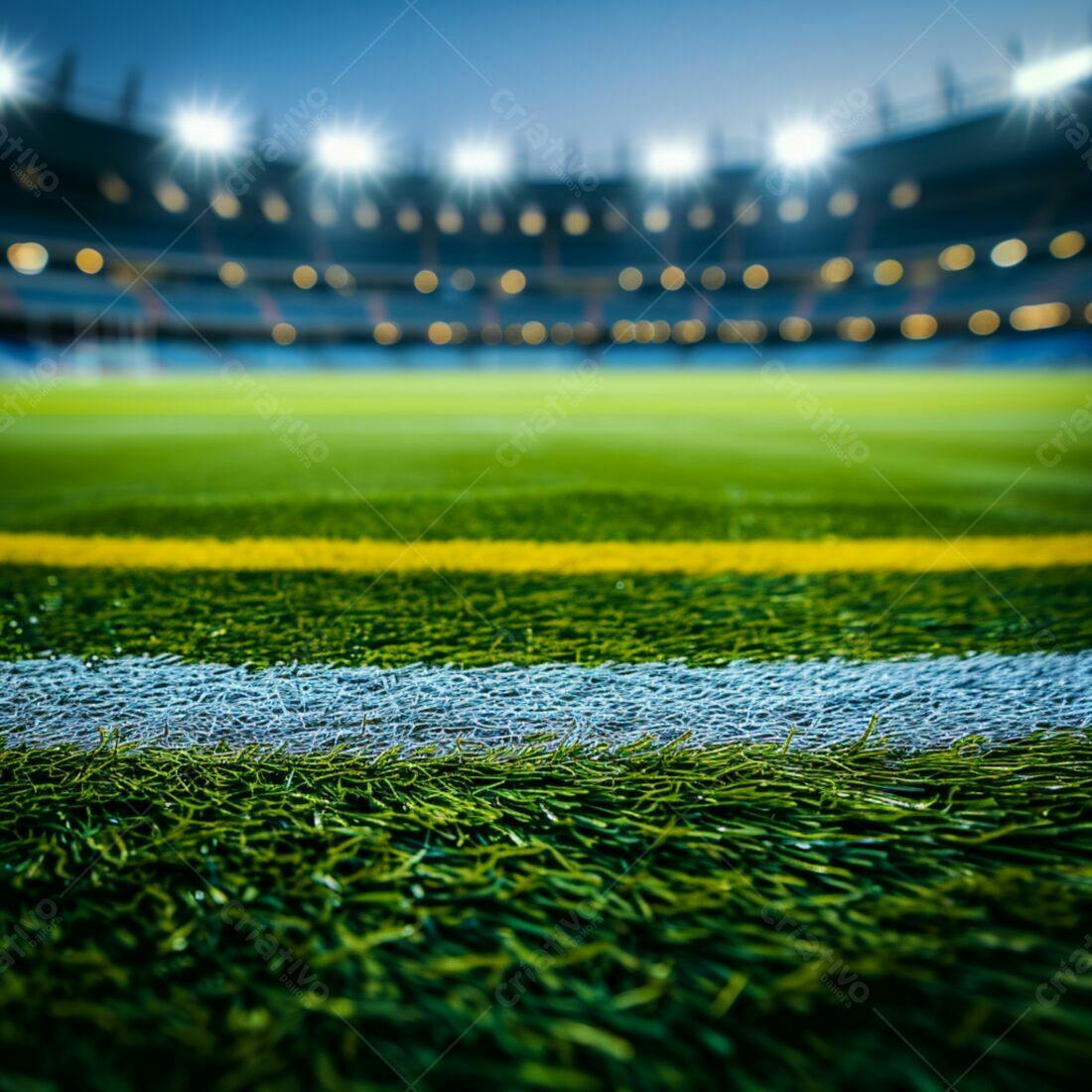 Gramado de futebol noturno com linhas