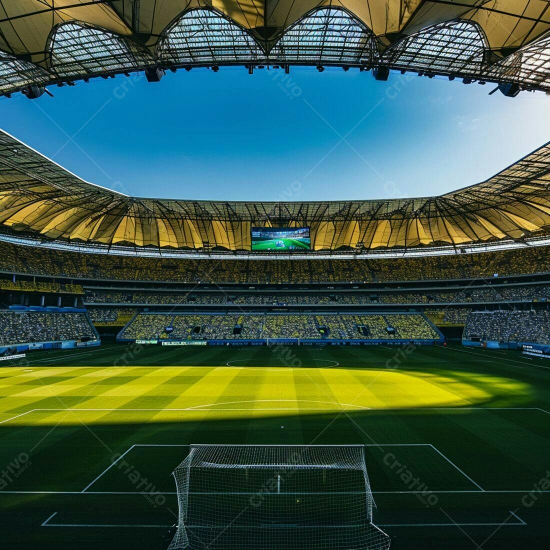Estádio de futebol vazio sob céu azul