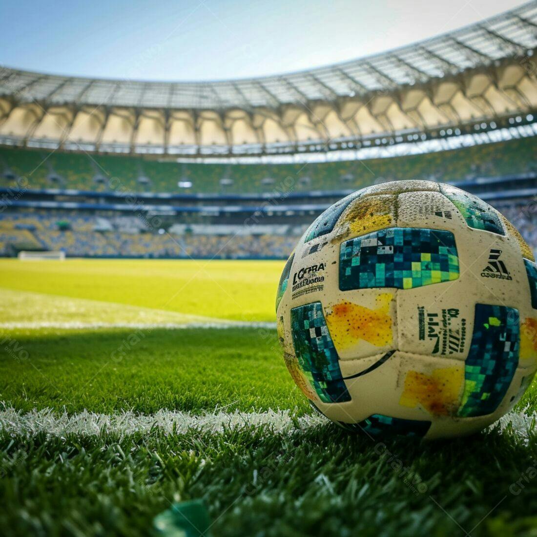 Bola de futebol em estádio vazio