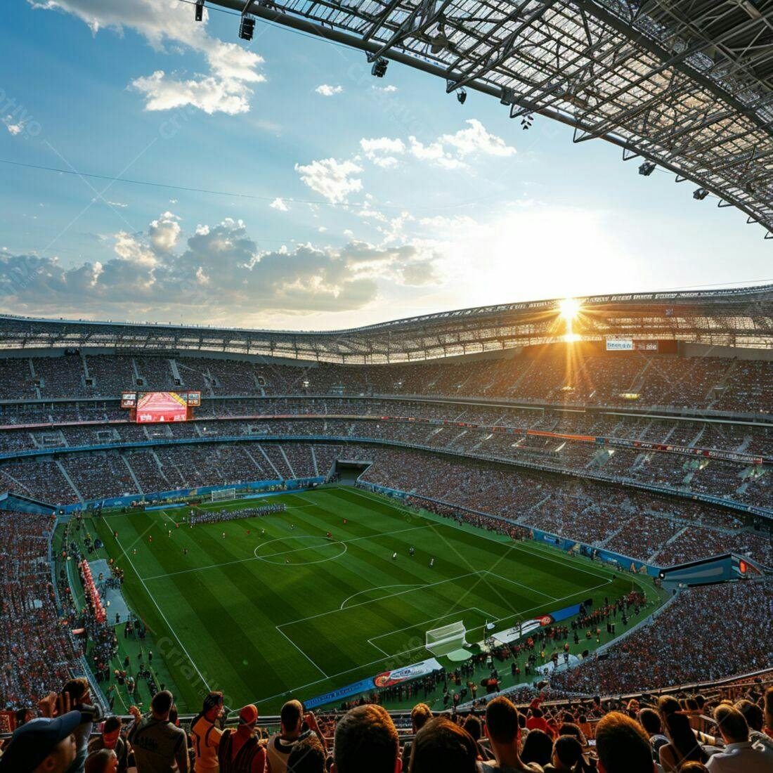 Estádio lotado ao pôr do sol