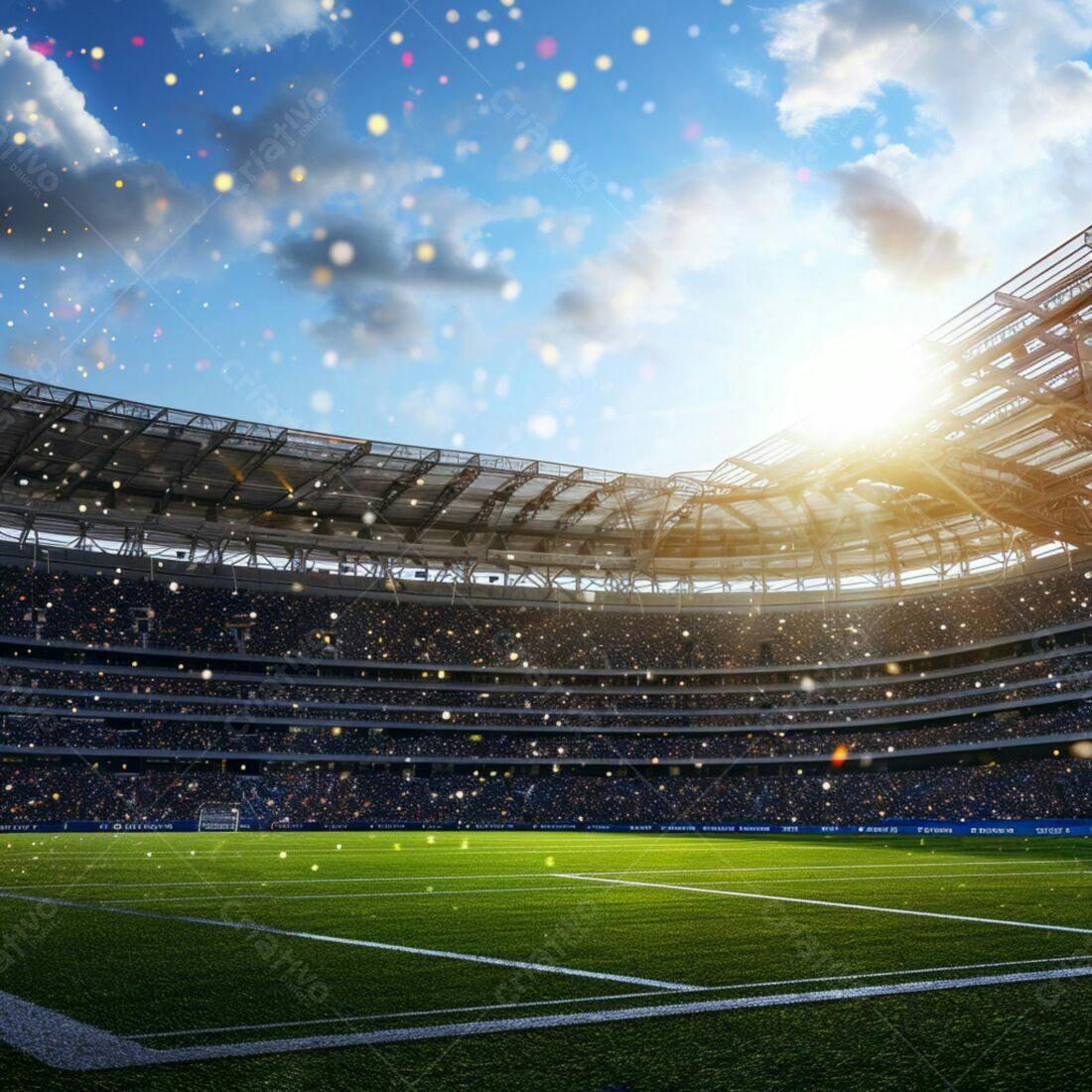 Estádio de futebol lotado sob um céu azul